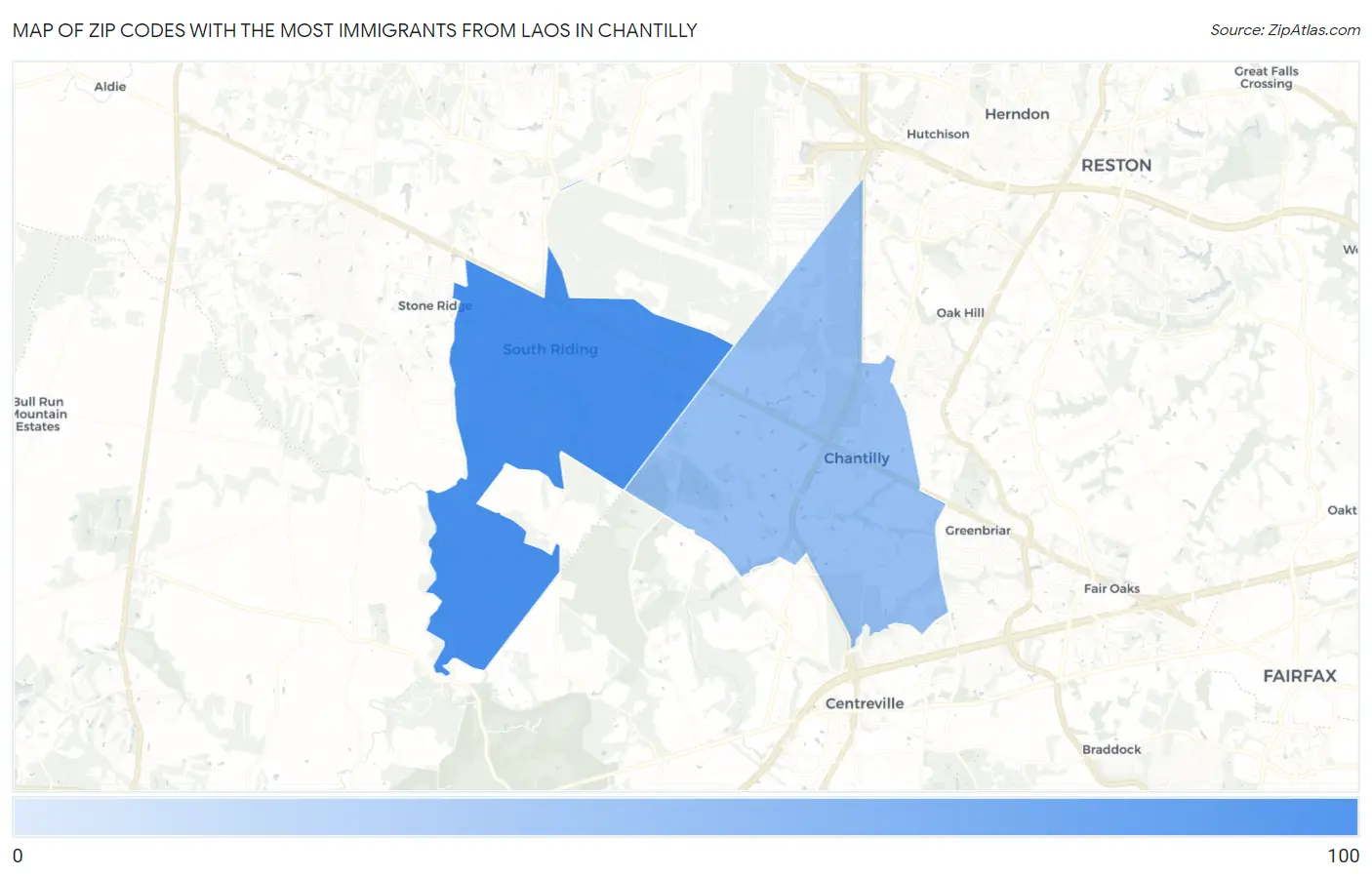 Zip Codes with the Most Immigrants from Laos in Chantilly Map
