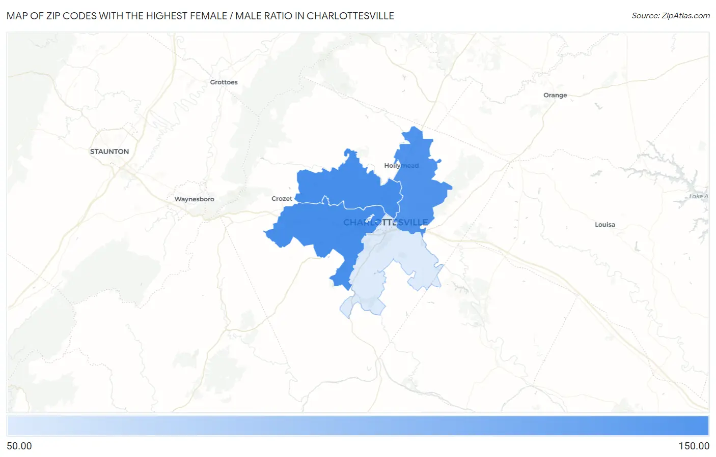 Zip Codes with the Highest Female / Male Ratio in Charlottesville Map