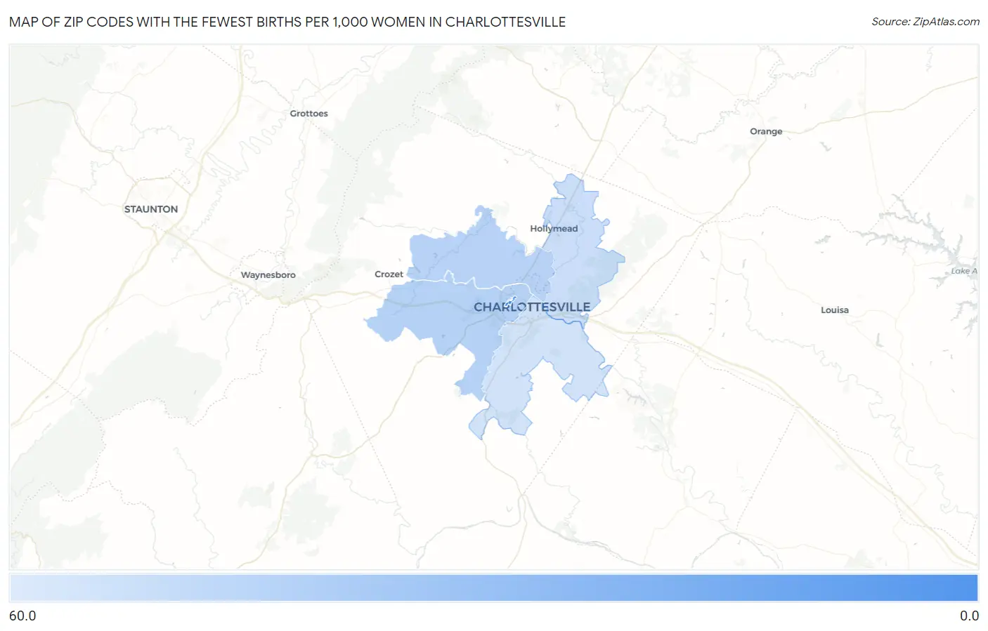 Zip Codes with the Fewest Births per 1,000 Women in Charlottesville Map