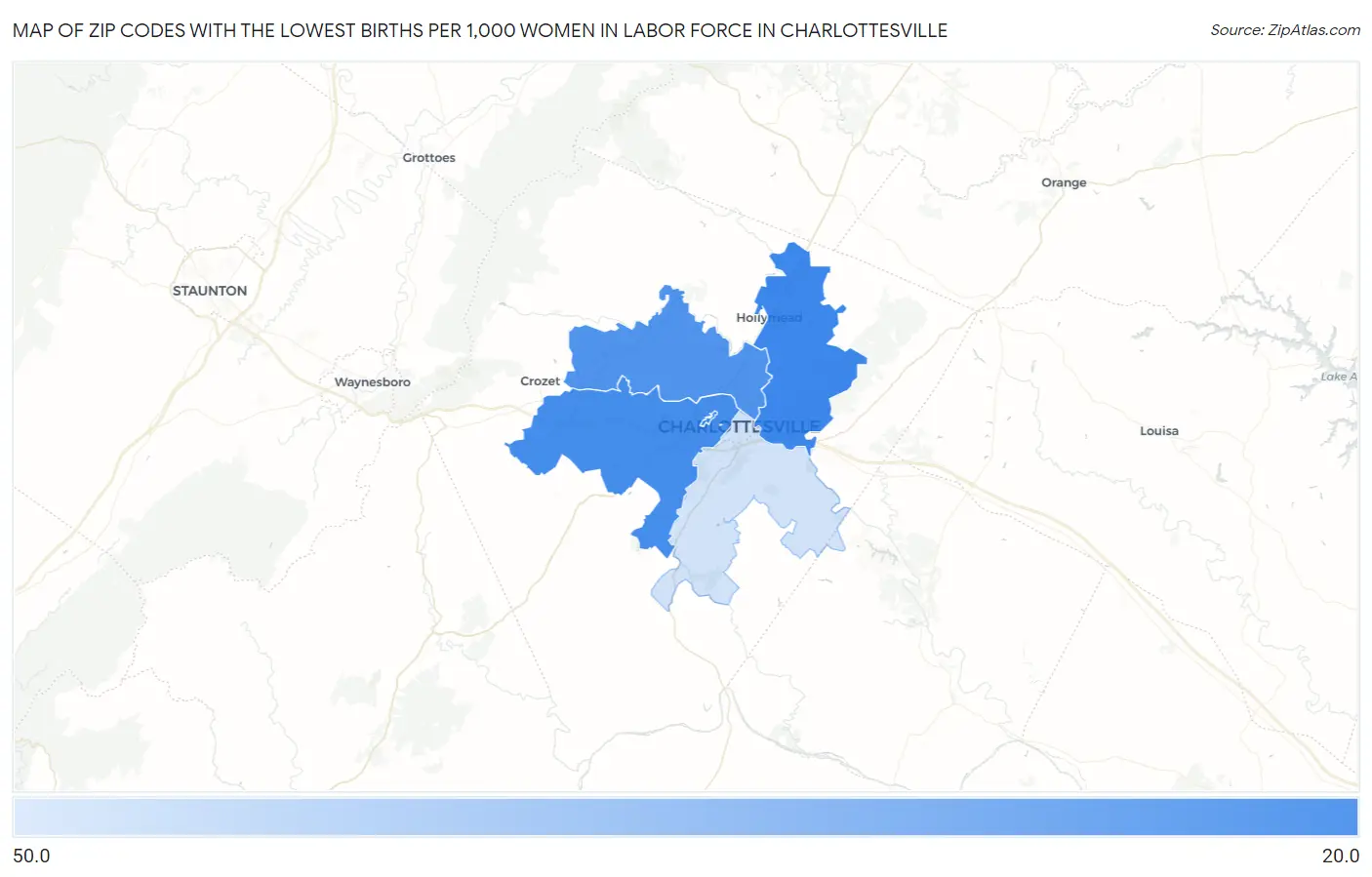 Zip Codes with the Lowest Births per 1,000 Women in Labor Force in Charlottesville Map