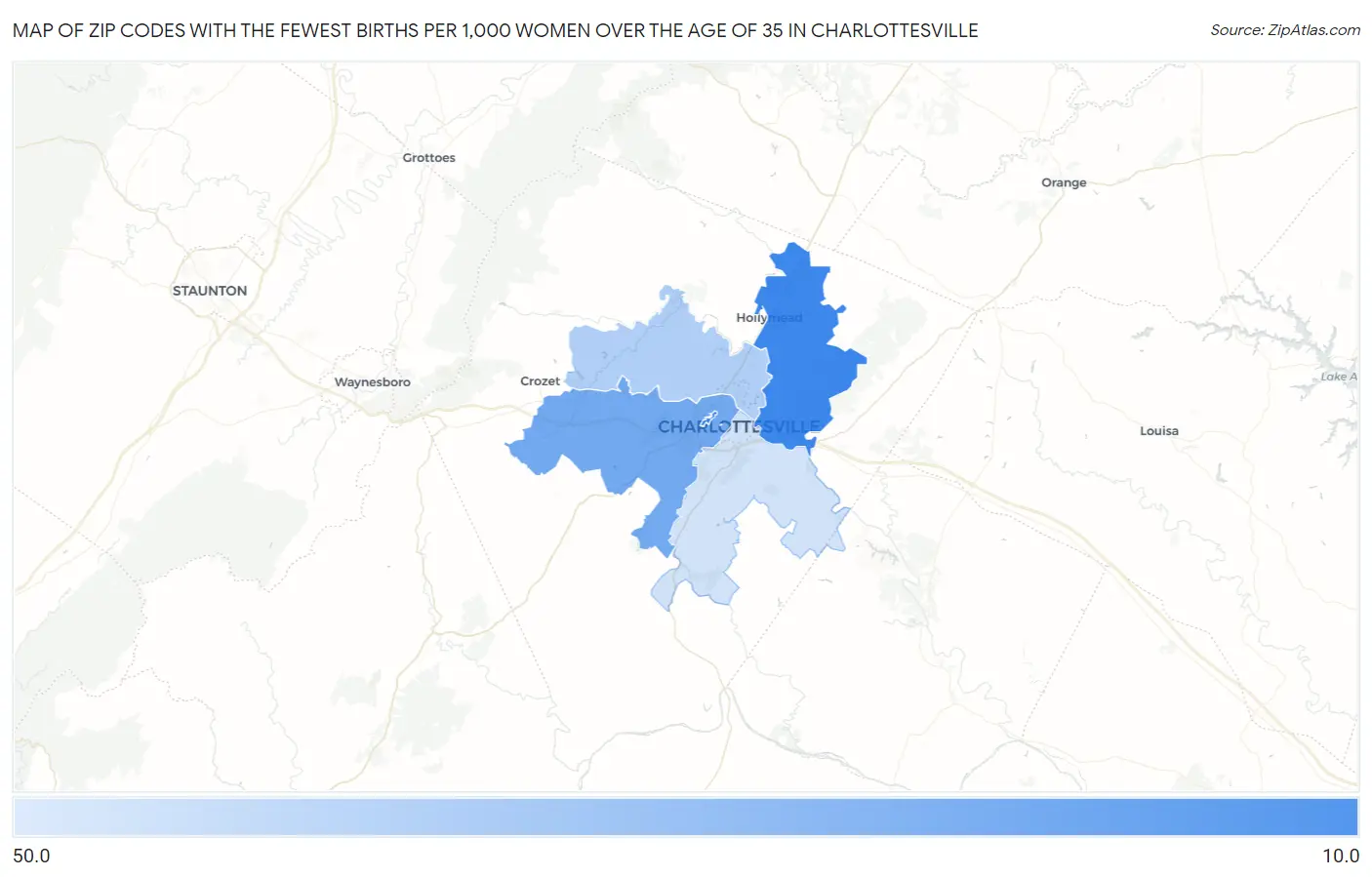 Zip Codes with the Fewest Births per 1,000 Women Over the Age of 35 in Charlottesville Map