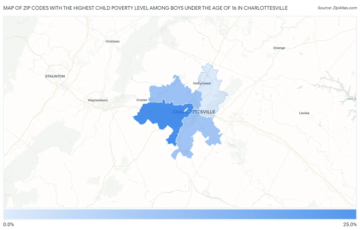 Zip Codes with the Highest Child Poverty Level Among Boys Under the Age of 16 in Charlottesville Map