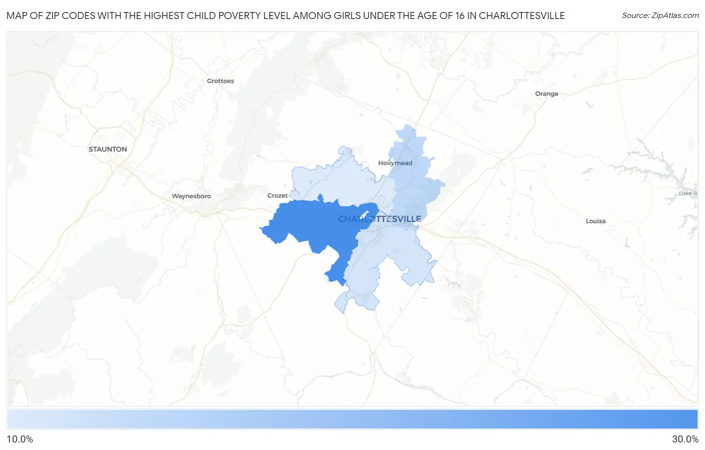 Zip Codes with the Highest Child Poverty Level Among Girls Under the Age of 16 in Charlottesville Map