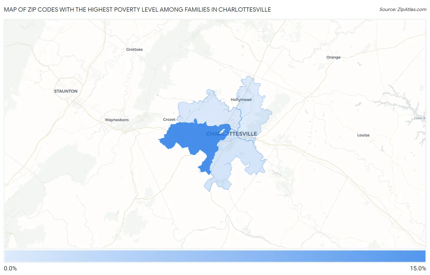Zip Codes with the Highest Poverty Level Among Families in Charlottesville Map