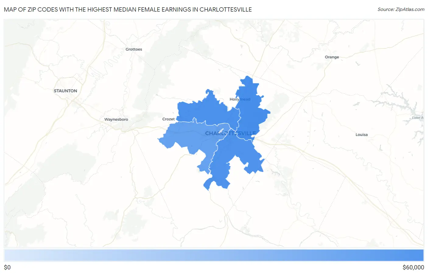 Zip Codes with the Highest Median Female Earnings in Charlottesville Map