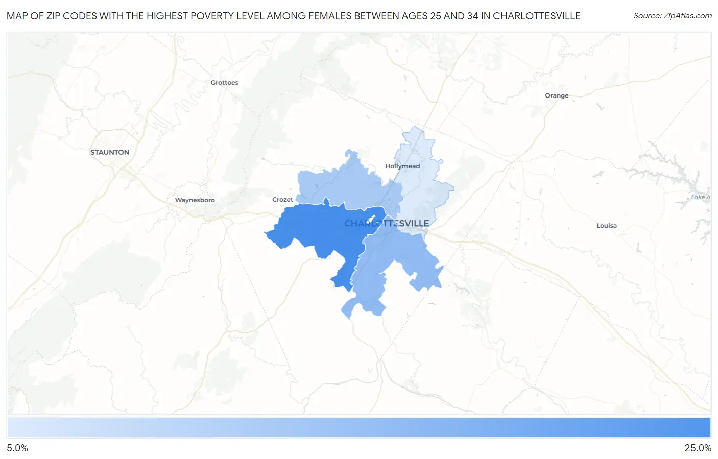 Zip Codes with the Highest Poverty Level Among Females Between Ages 25 and 34 in Charlottesville Map