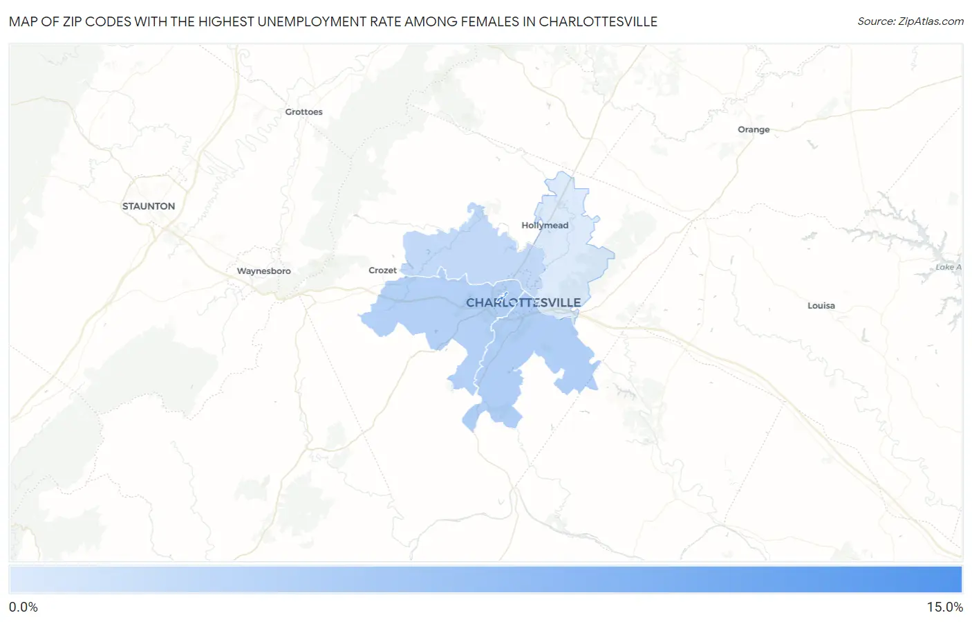 Zip Codes with the Highest Unemployment Rate Among Females in Charlottesville Map