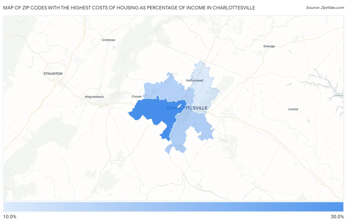 Zip Codes with the Highest Costs of Housing as Percentage of Income in Charlottesville Map