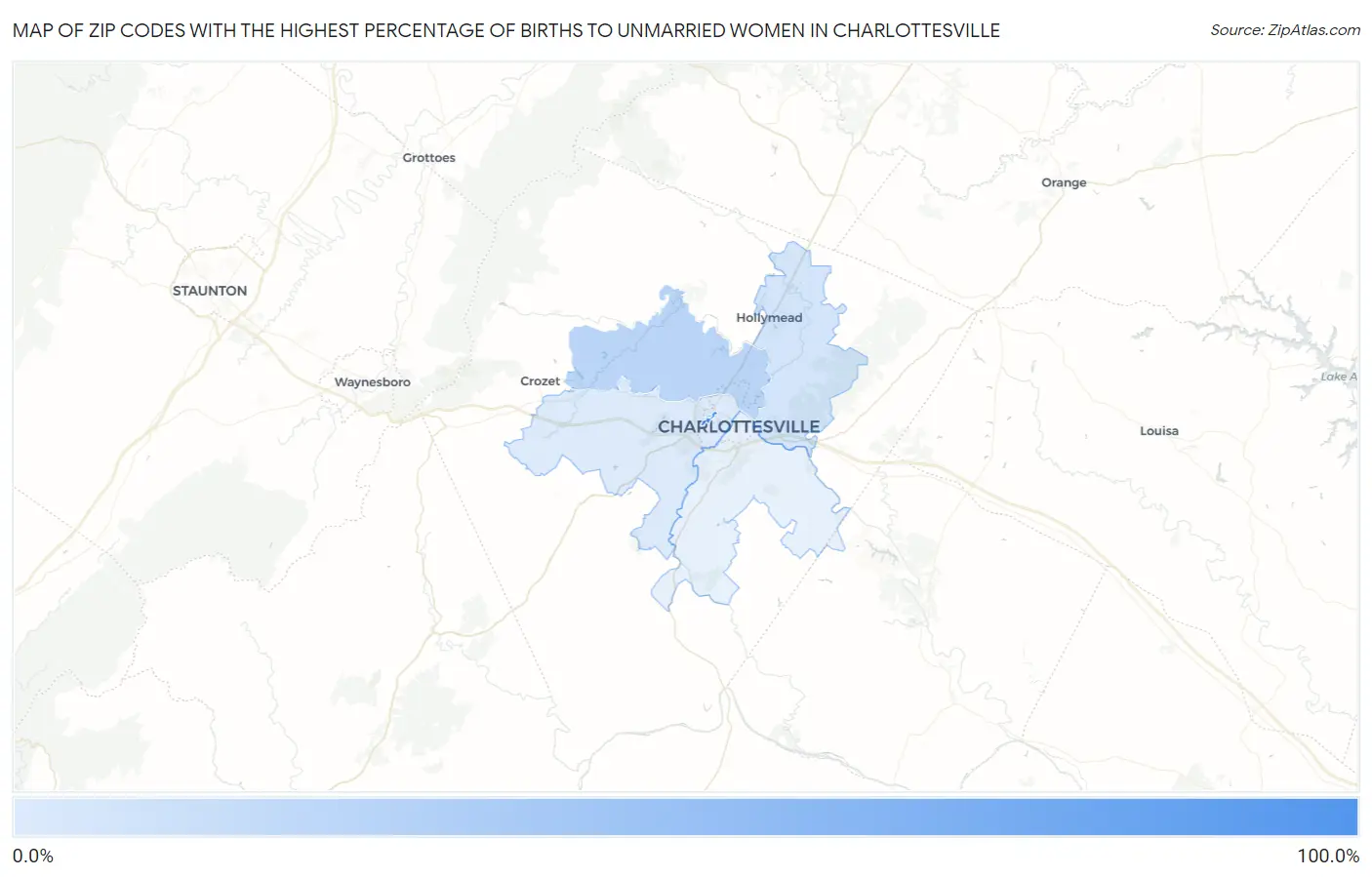 Zip Codes with the Highest Percentage of Births to Unmarried Women in Charlottesville Map