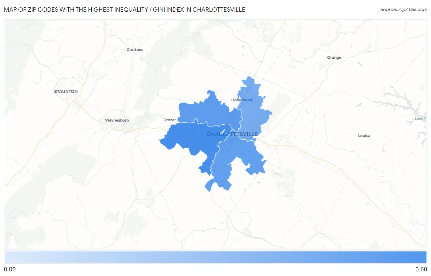 Zip Codes with the Highest Inequality / Gini Index in Charlottesville Map