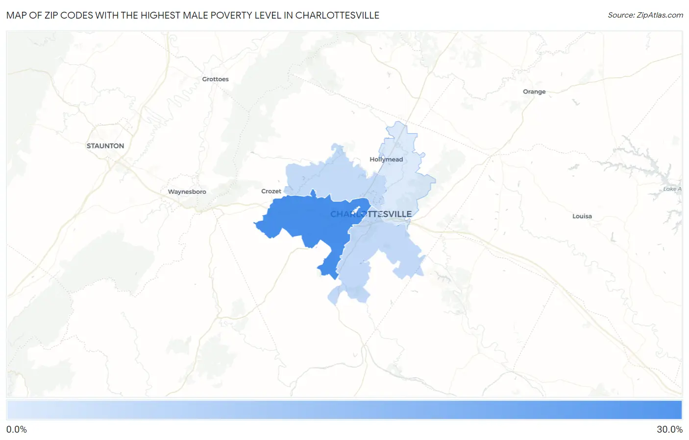 Zip Codes with the Highest Male Poverty Level in Charlottesville Map