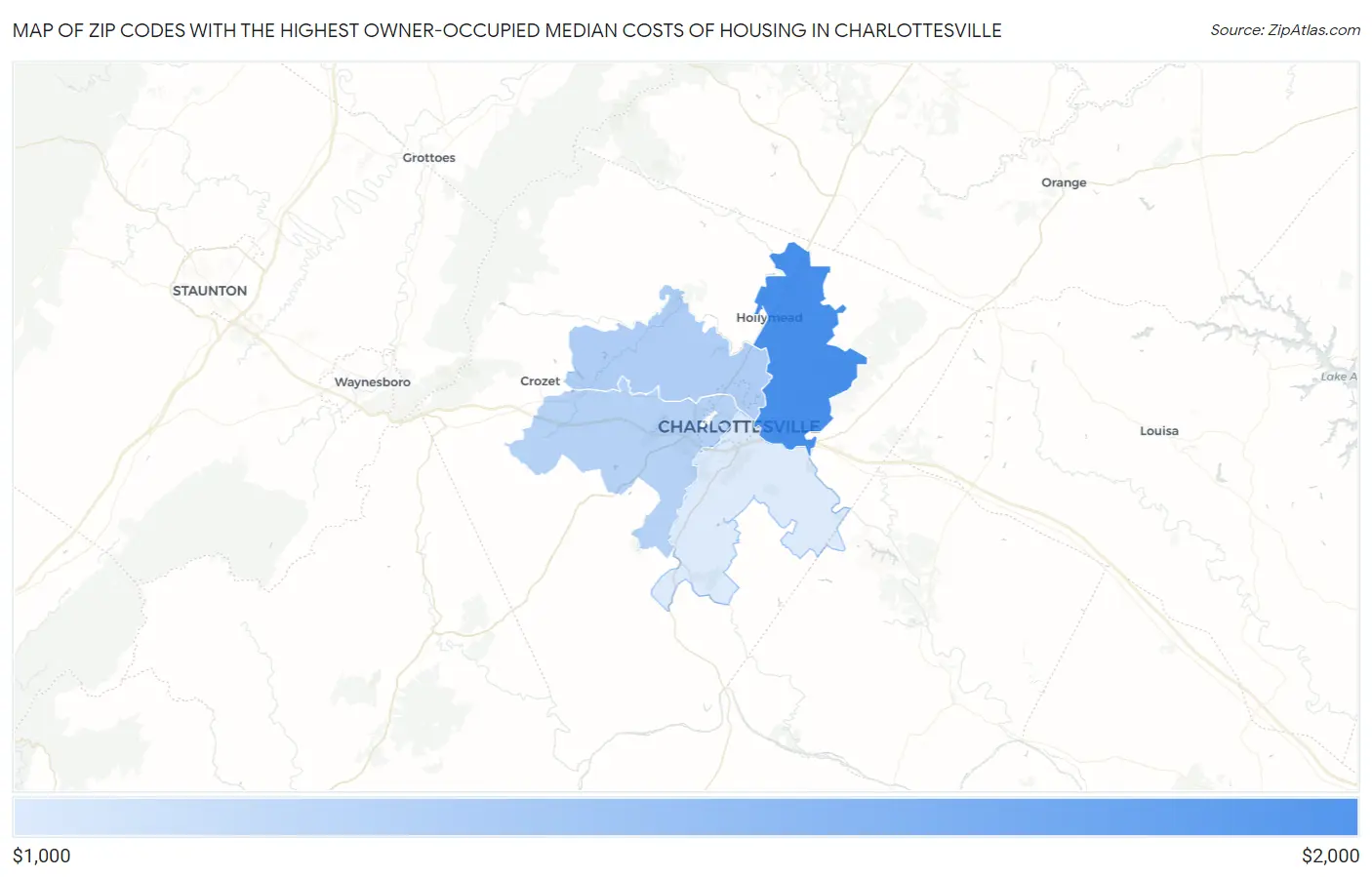 Zip Codes with the Highest Owner-Occupied Median Costs of Housing in Charlottesville Map