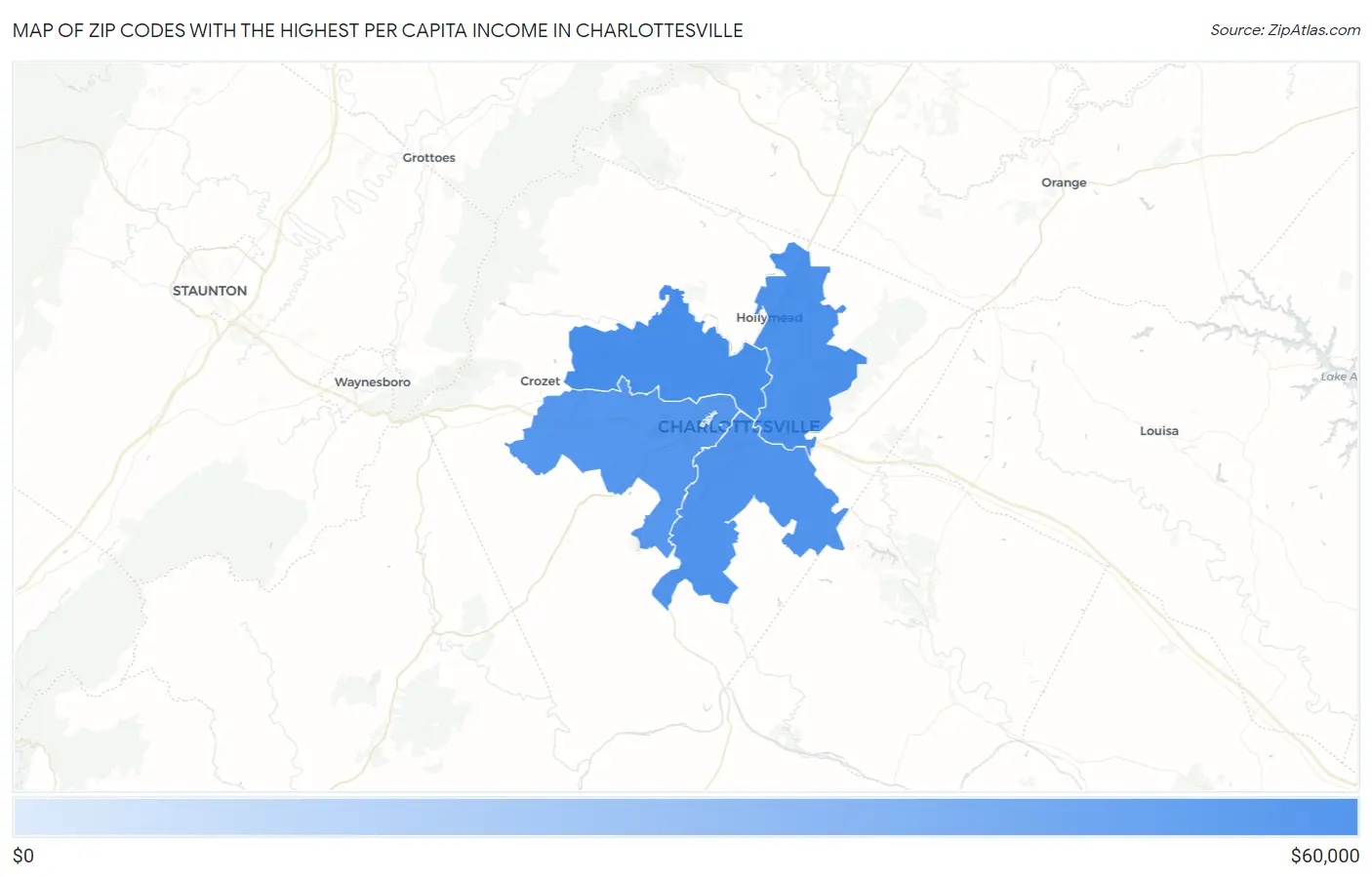 Zip Codes with the Highest Per Capita Income in Charlottesville Map