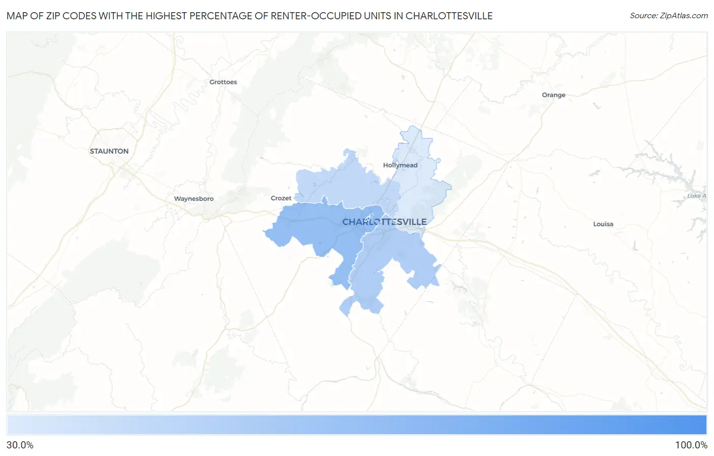 Zip Codes with the Highest Percentage of Renter-Occupied Units in Charlottesville Map