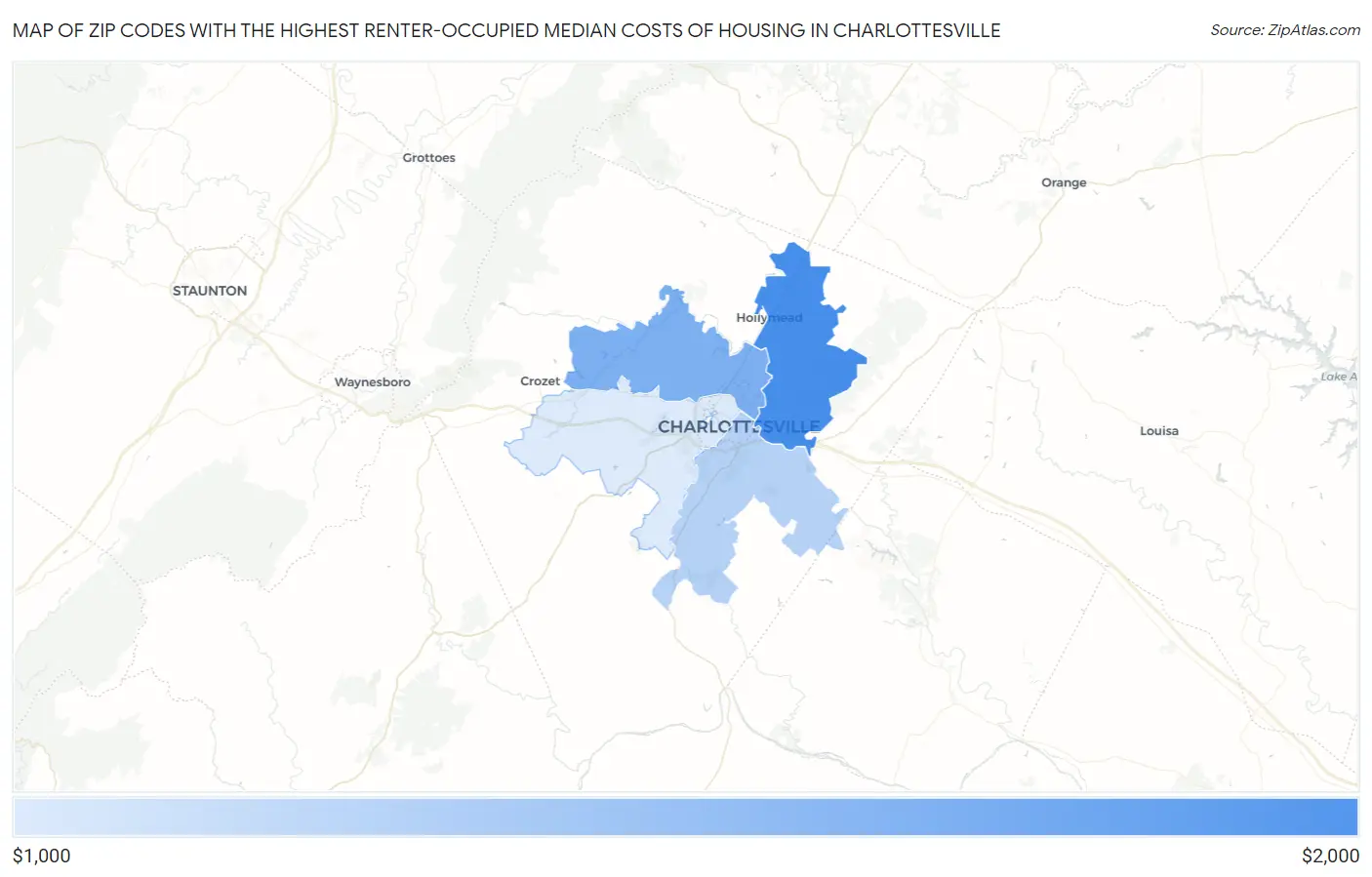 Zip Codes with the Highest Renter-Occupied Median Costs of Housing in Charlottesville Map