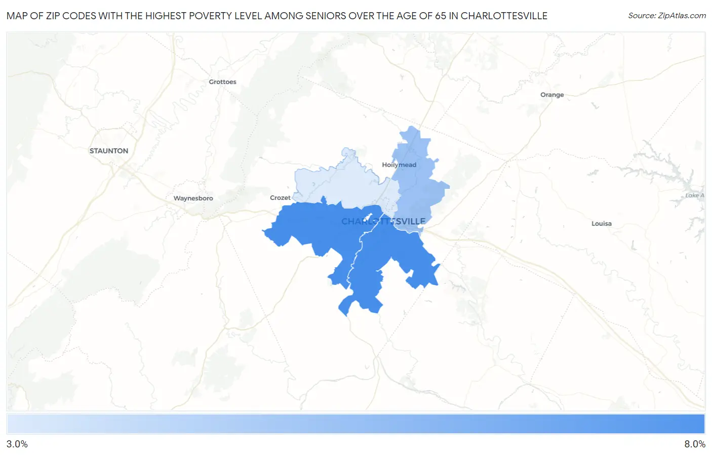 Zip Codes with the Highest Poverty Level Among Seniors Over the Age of 65 in Charlottesville Map