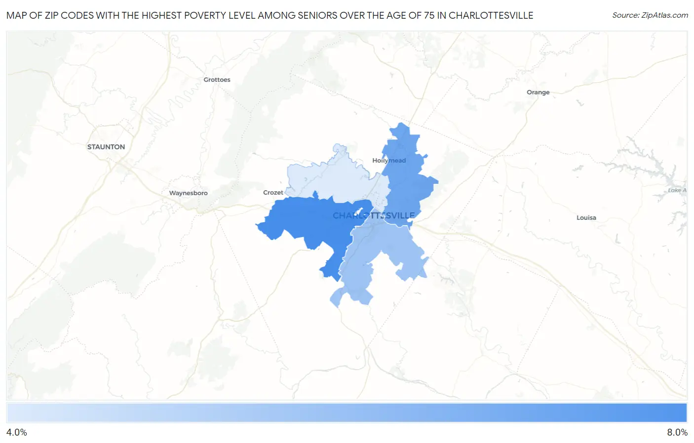 Zip Codes with the Highest Poverty Level Among Seniors Over the Age of 75 in Charlottesville Map