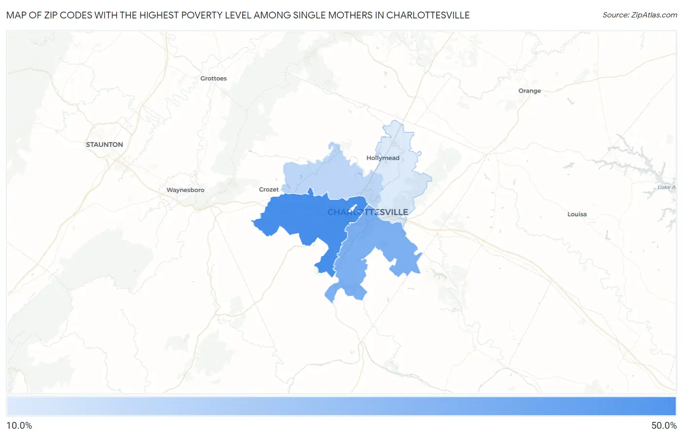 Zip Codes with the Highest Poverty Level Among Single Mothers in Charlottesville Map