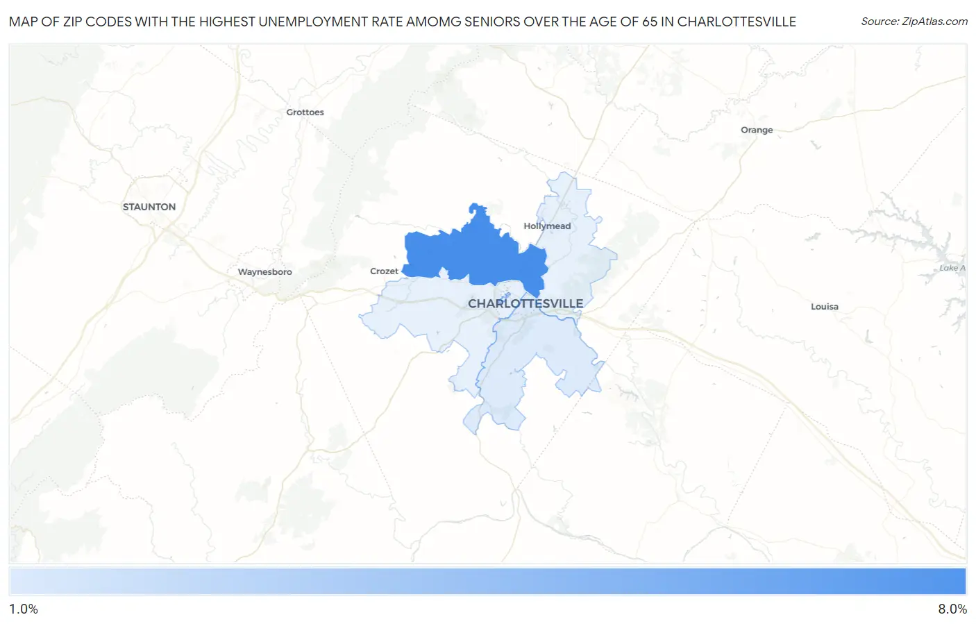 Zip Codes with the Highest Unemployment Rate Amomg Seniors Over the Age of 65 in Charlottesville Map
