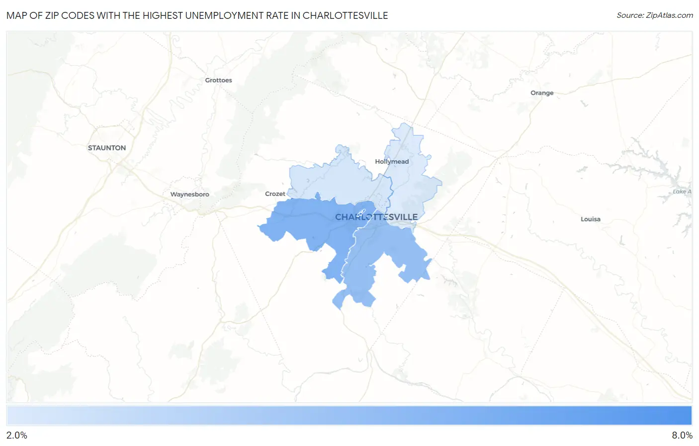 Zip Codes with the Highest Unemployment Rate in Charlottesville Map