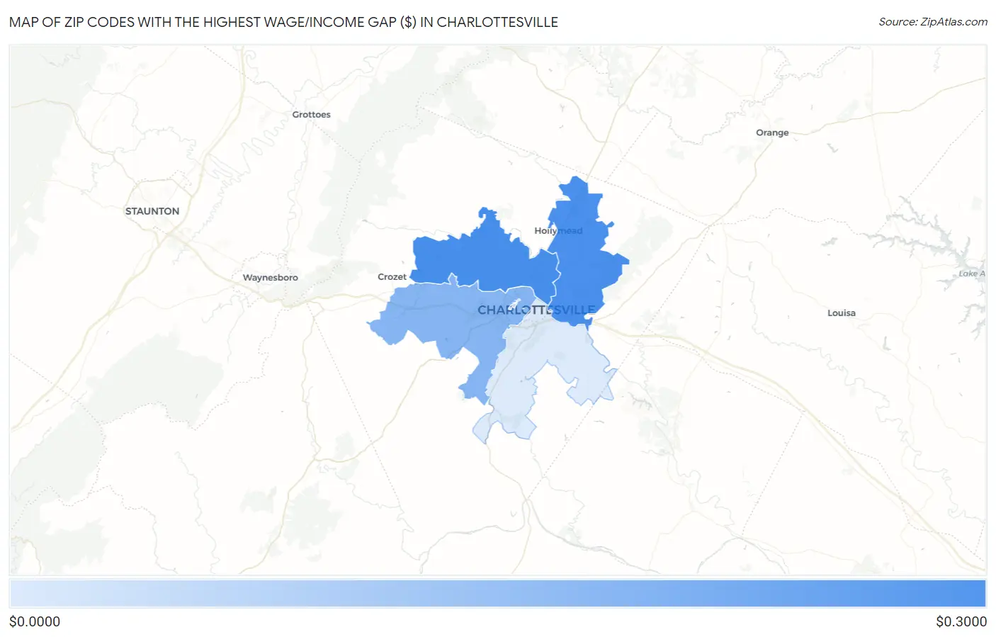 Zip Codes with the Highest Wage/Income Gap ($) in Charlottesville Map