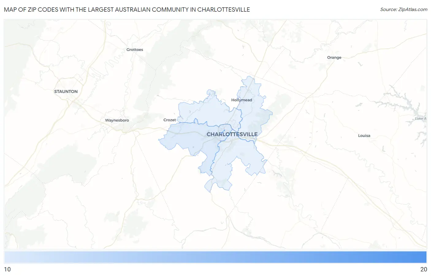 Zip Codes with the Largest Australian Community in Charlottesville Map