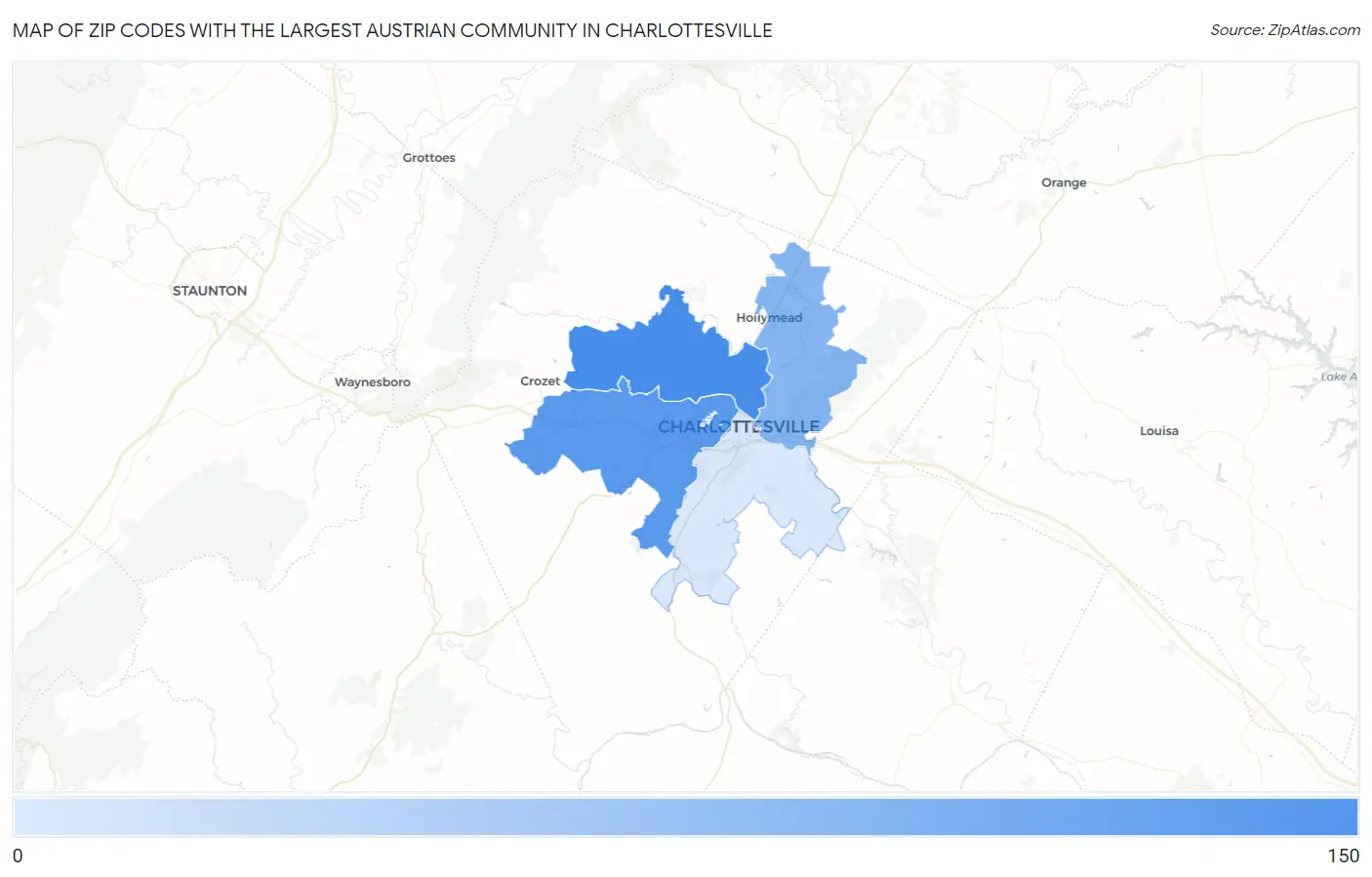 Zip Codes with the Largest Austrian Community in Charlottesville Map