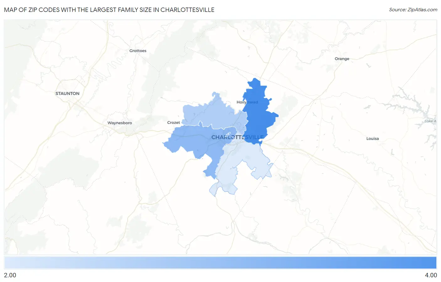 Zip Codes with the Largest Family Size in Charlottesville Map