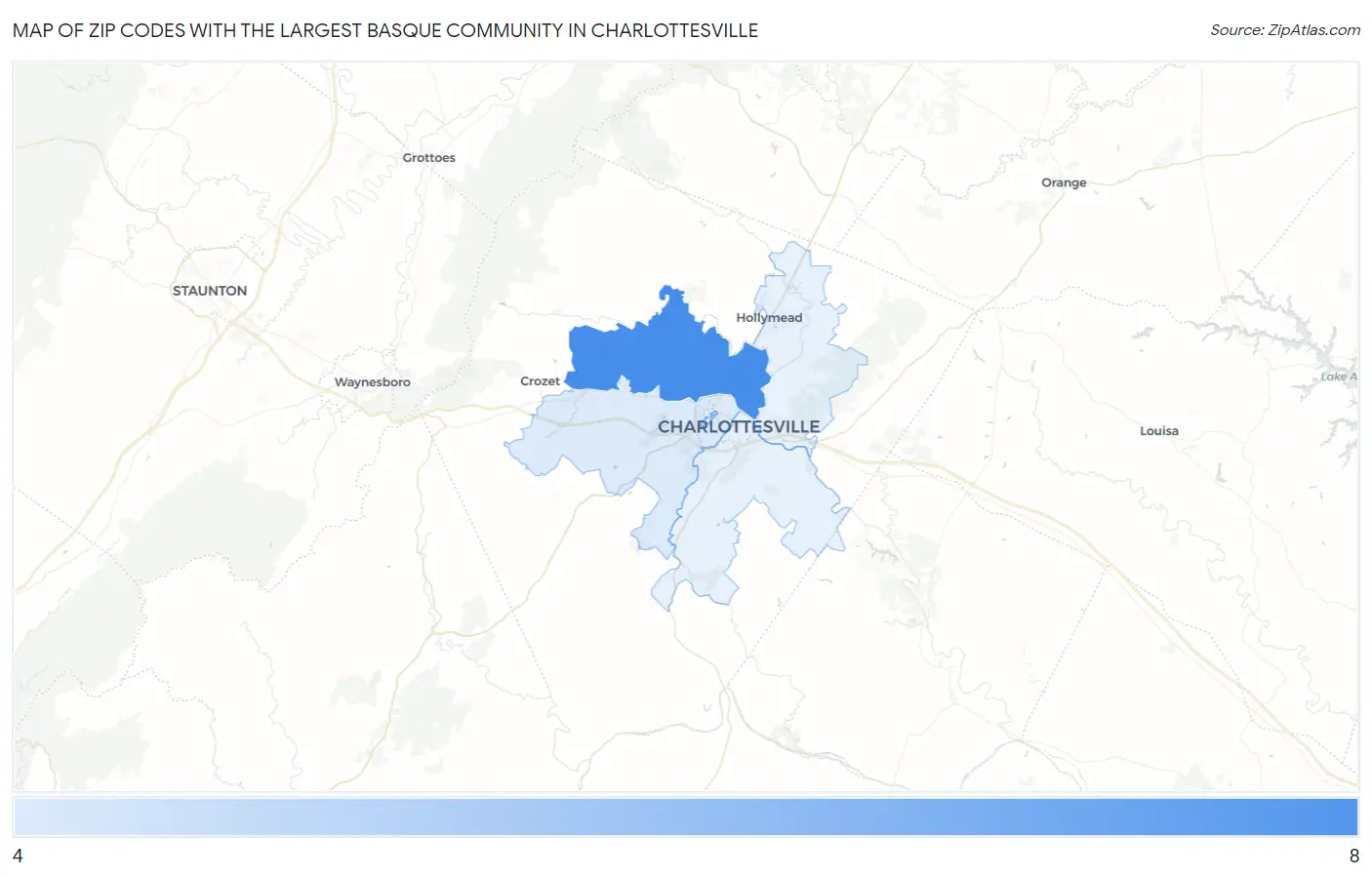 Zip Codes with the Largest Basque Community in Charlottesville Map