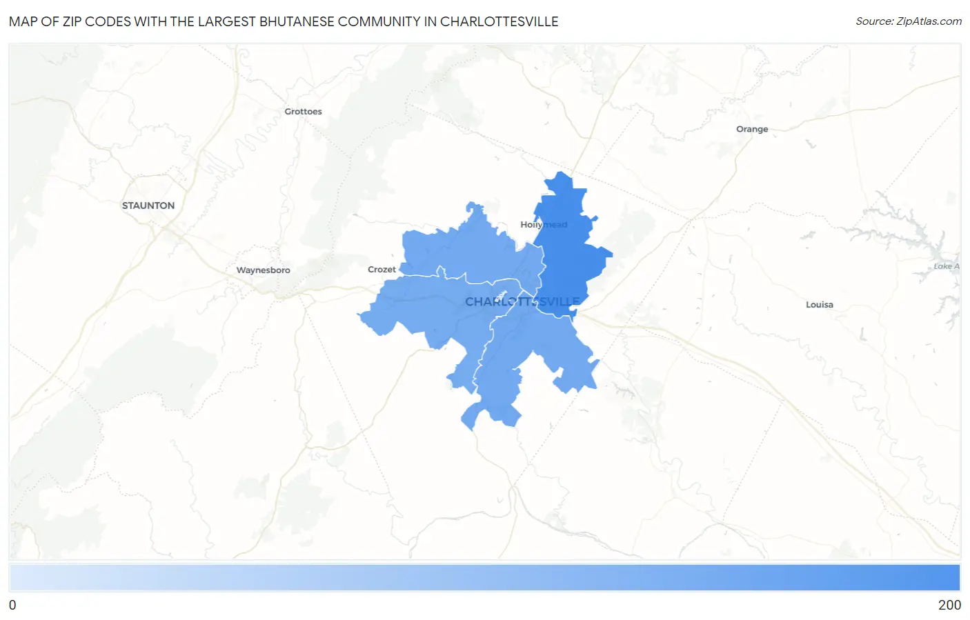 Zip Codes with the Largest Bhutanese Community in Charlottesville Map