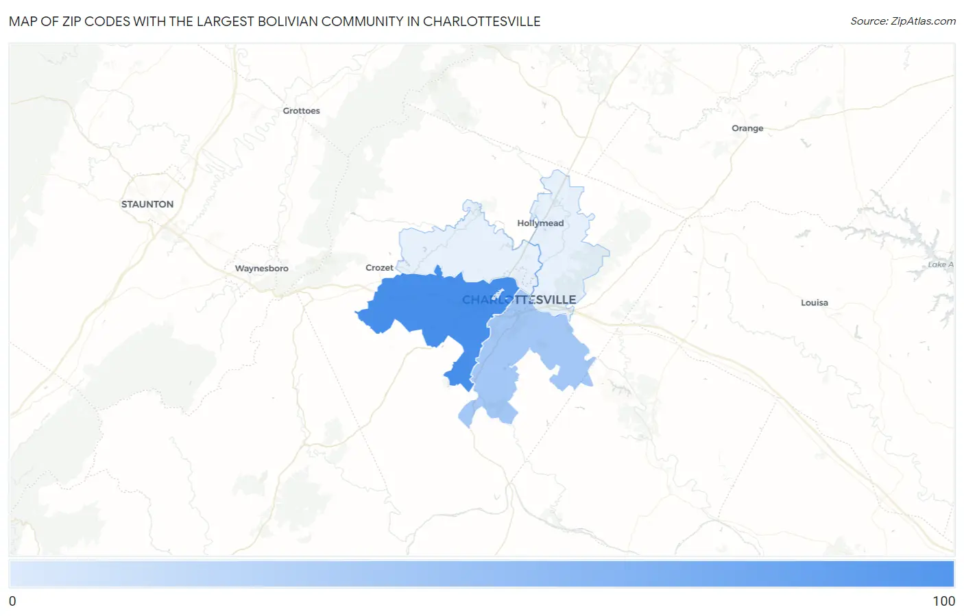 Zip Codes with the Largest Bolivian Community in Charlottesville Map