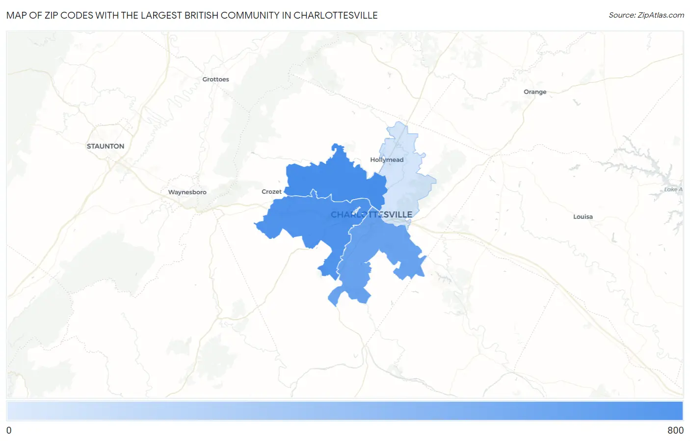 Zip Codes with the Largest British Community in Charlottesville Map