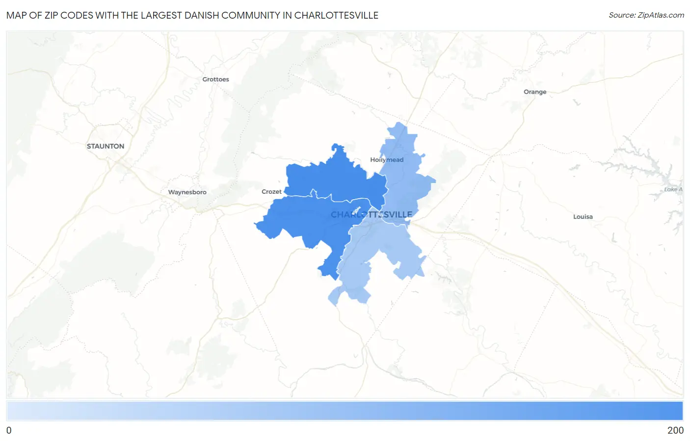 Zip Codes with the Largest Danish Community in Charlottesville Map