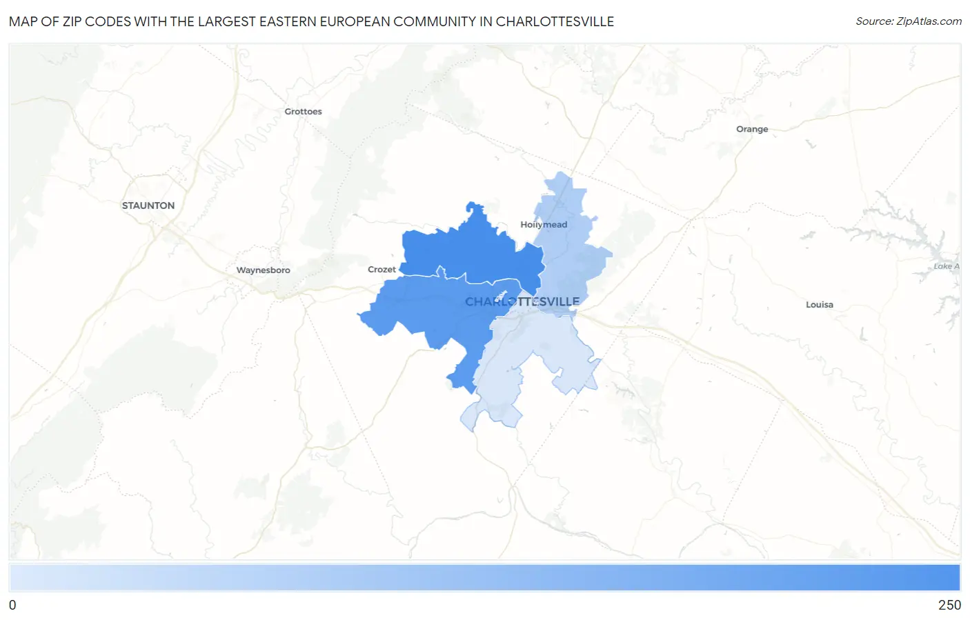 Zip Codes with the Largest Eastern European Community in Charlottesville Map