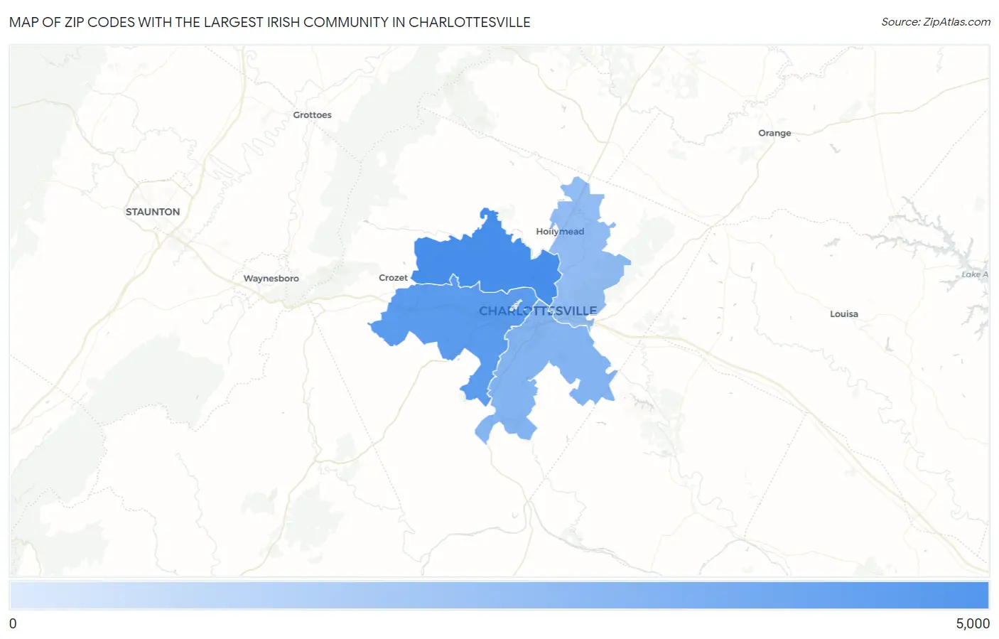 Zip Codes with the Largest Irish Community in Charlottesville Map