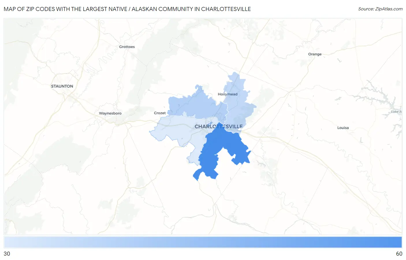 Zip Codes with the Largest Native / Alaskan Community in Charlottesville Map