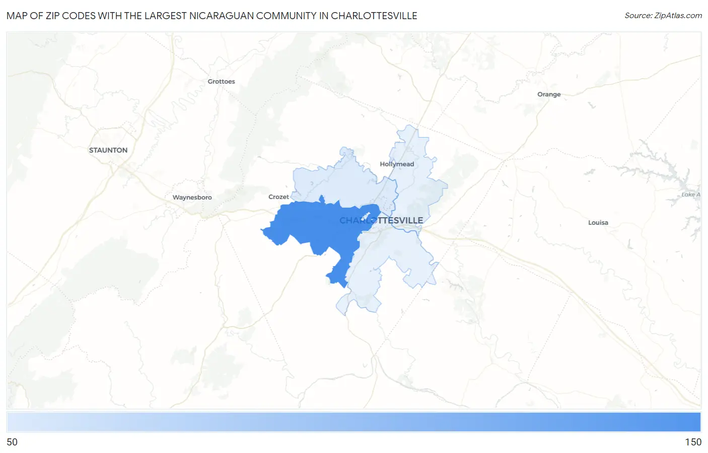 Zip Codes with the Largest Nicaraguan Community in Charlottesville Map