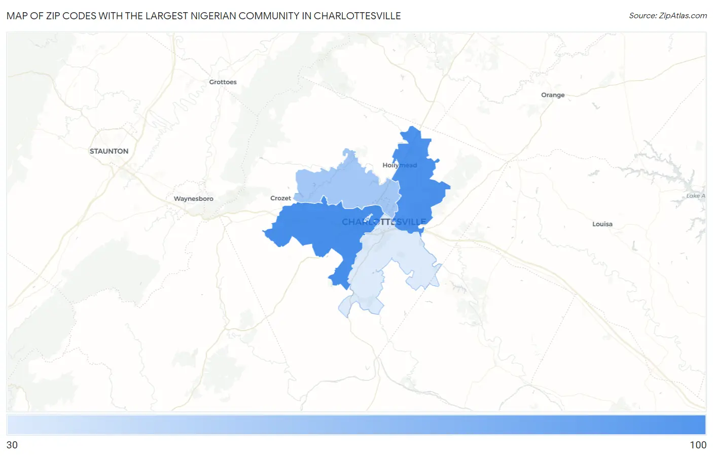 Zip Codes with the Largest Nigerian Community in Charlottesville Map