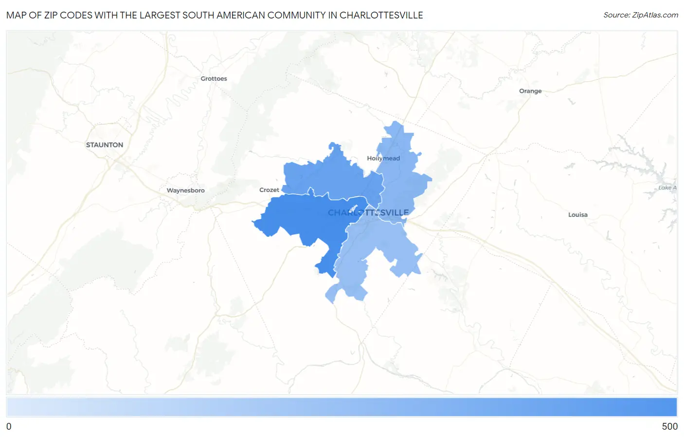 Zip Codes with the Largest South American Community in Charlottesville Map