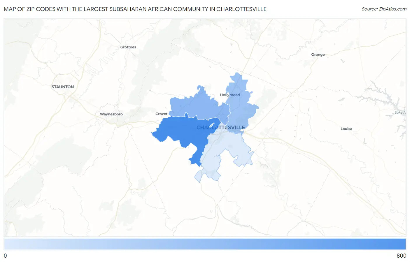 Zip Codes with the Largest Subsaharan African Community in Charlottesville Map