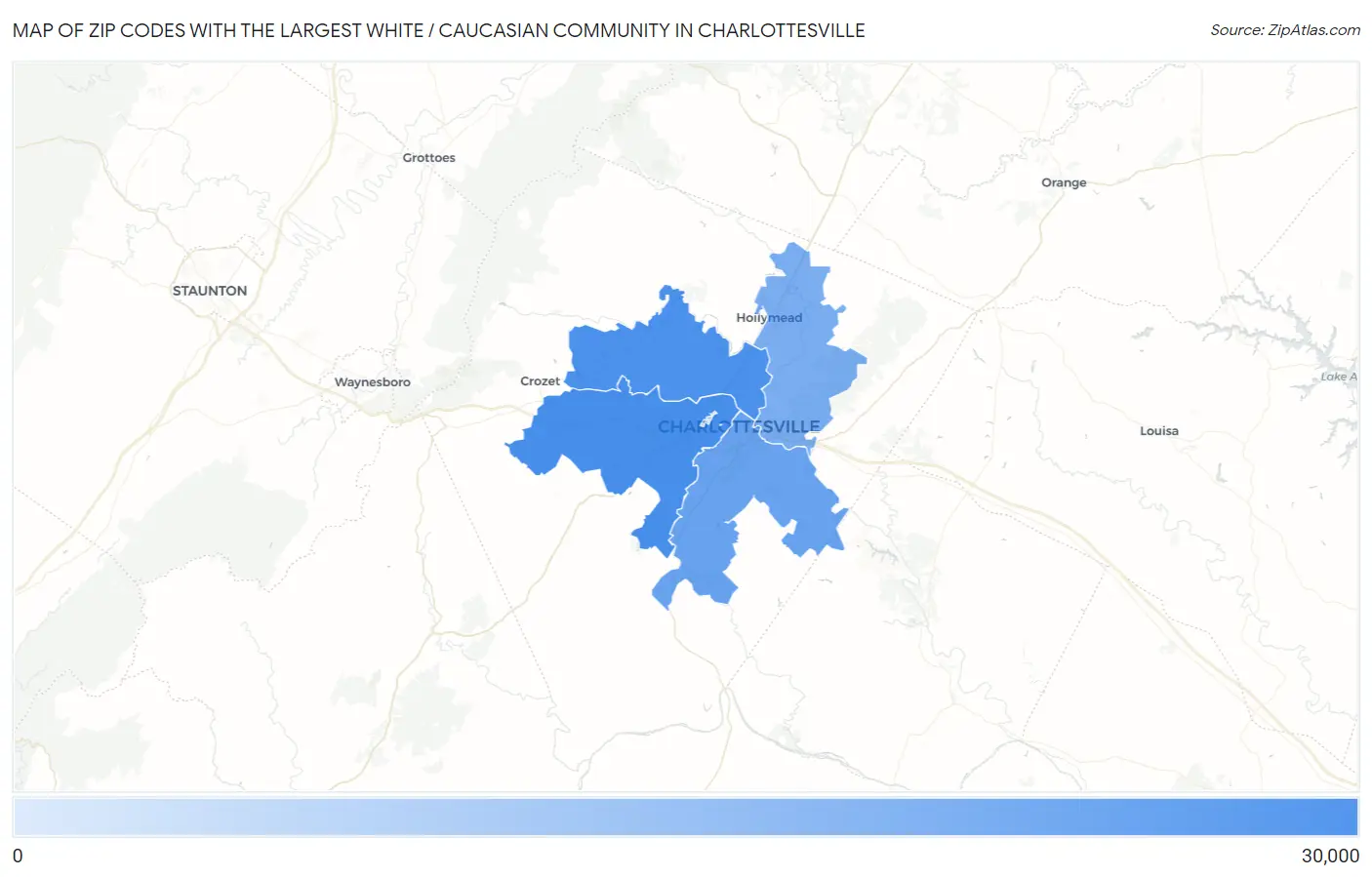 Zip Codes with the Largest White / Caucasian Community in Charlottesville Map