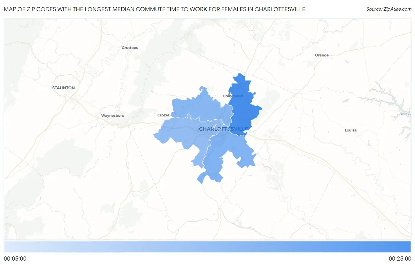 Zip Codes with the Longest Median Commute Time to Work for Females in Charlottesville Map