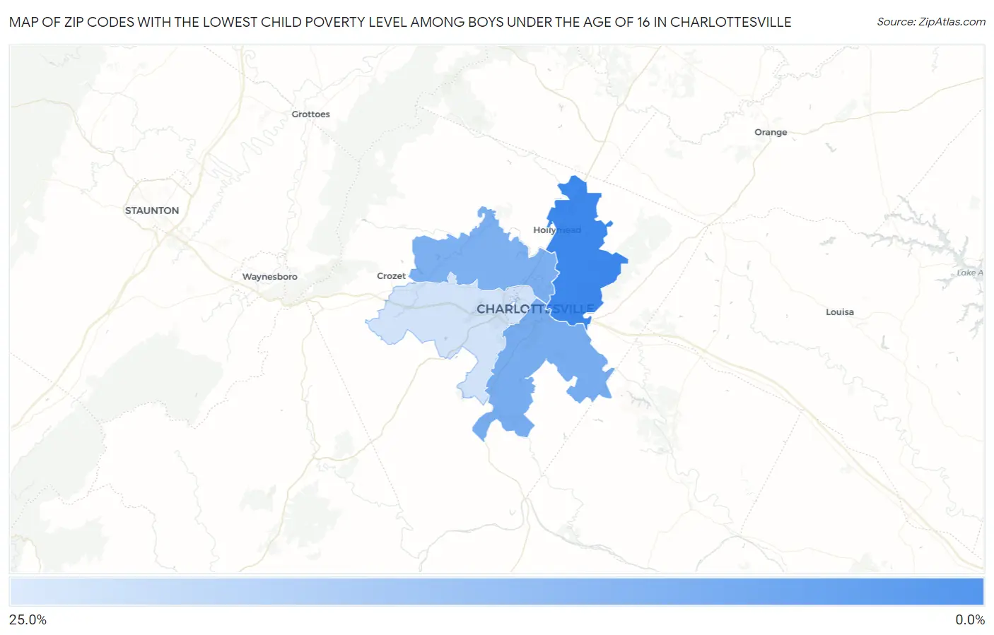 Zip Codes with the Lowest Child Poverty Level Among Boys Under the Age of 16 in Charlottesville Map