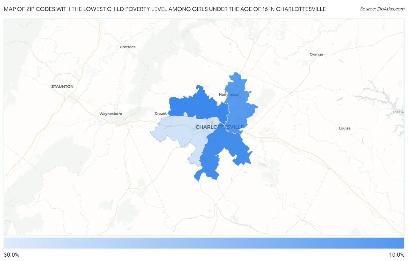 Zip Codes with the Lowest Child Poverty Level Among Girls Under the Age of 16 in Charlottesville Map