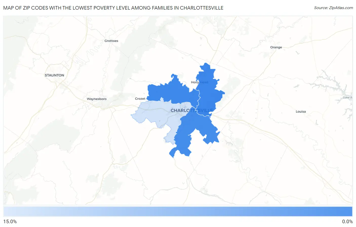 Zip Codes with the Lowest Poverty Level Among Families in Charlottesville Map
