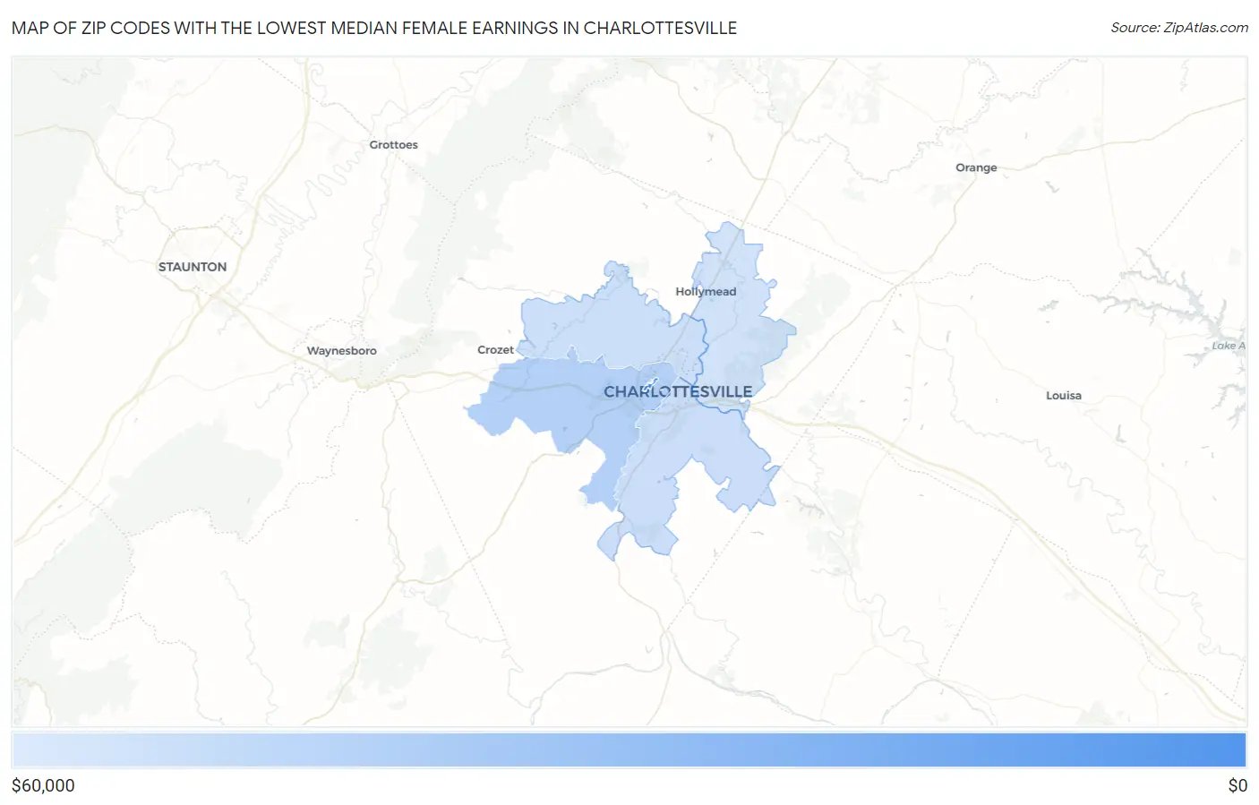 Zip Codes with the Lowest Median Female Earnings in Charlottesville Map