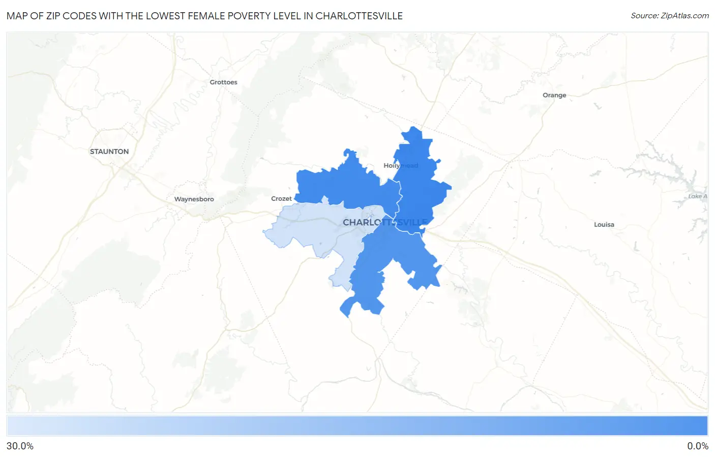 Zip Codes with the Lowest Female Poverty Level in Charlottesville Map