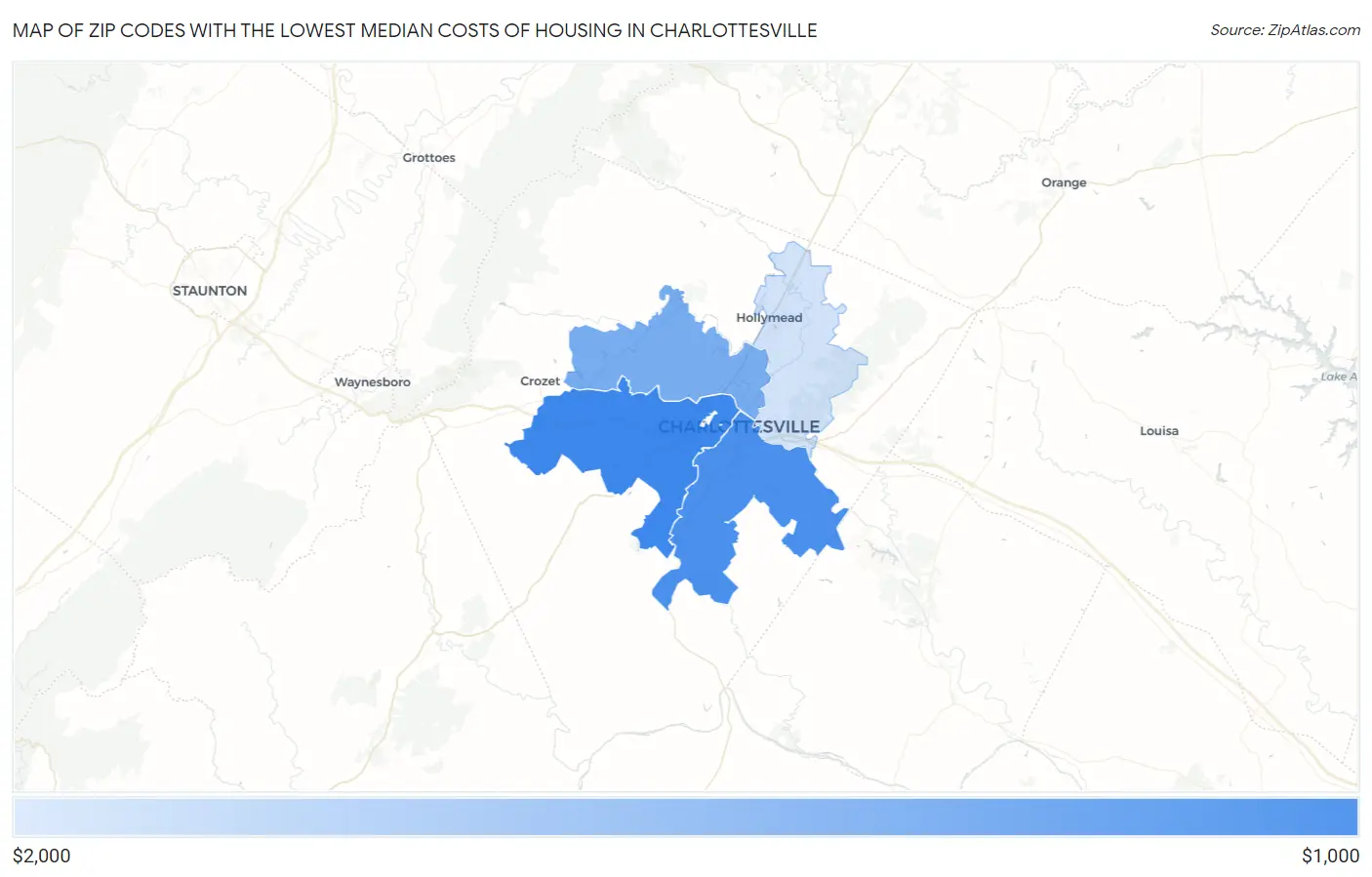 Zip Codes with the Lowest Median Costs of Housing in Charlottesville Map