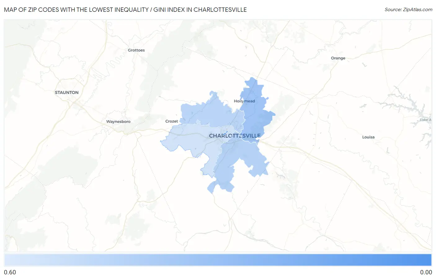 Zip Codes with the Lowest Inequality / Gini Index in Charlottesville Map