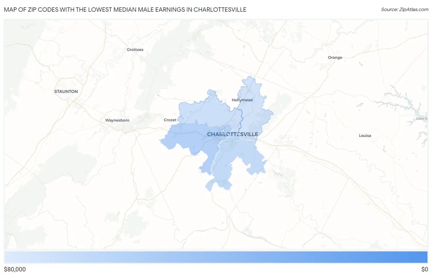 Zip Codes with the Lowest Median Male Earnings in Charlottesville Map